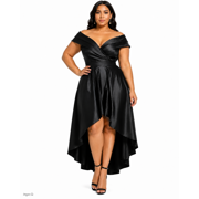 Plus Size Black Off-the-Shoulder High-Low A-Line Formal Dress, V-Neck Short Sleeve Evening Gown