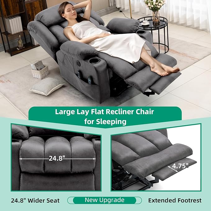 VIVIJASON Tall Man Dual Motor Power Lift Recliner, Oversized Lay-Flat Sleeper with Extended Footrest, Heat, Massage, Lumbar Pillow & USB/Type-C, Grey