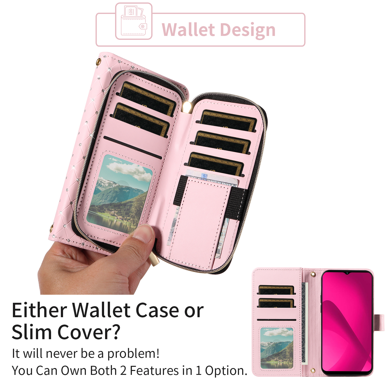 Compatible with T-Mobile Revvl 7 5G Wallet Phone Case Tempered Glass Screen Protector Bling Crossbody Lanyard Strap Flip Zipper Purse Card Holder Cell Cover for Tmobile Revvl7 T Mob Revell Women Pink