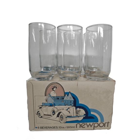 Vintage 1960 - 70's Anchor Hocking Newport 6-Pack Beverage Clear Glass Set, 12-Ounce