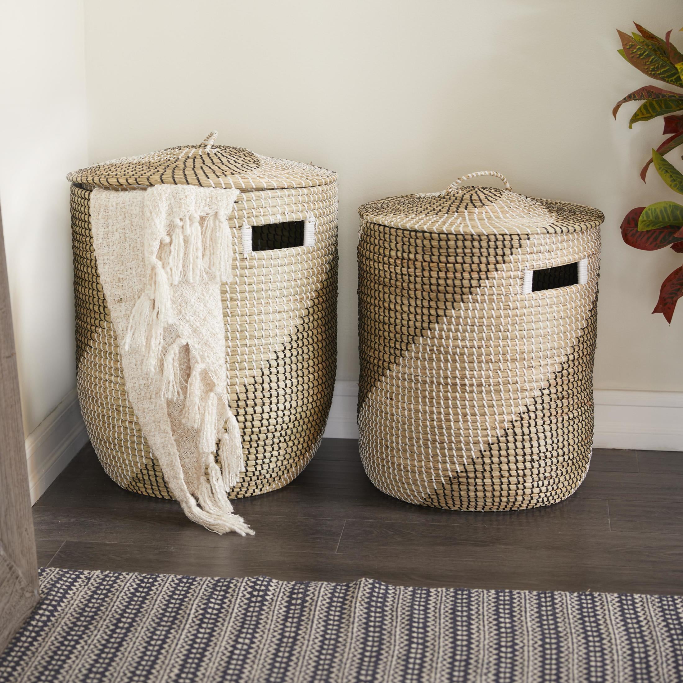 DecMode 24", 22"H Brown Seagrass Handmade Two Toned Storage Basket with Matching Lids, 2-Pieces