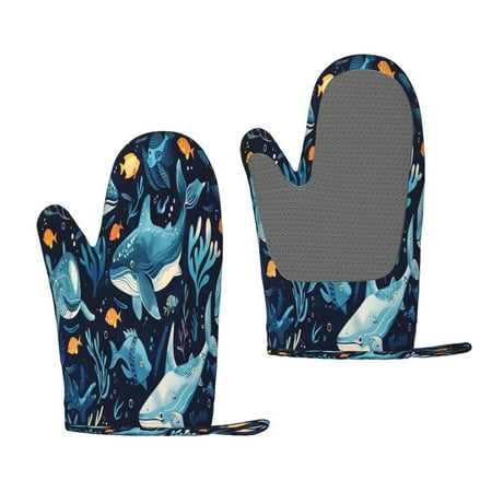 

Hirioo Playful Whales Underwater Scene for Silicone Oven Mitts for BBQ Baking Cooking Set of 2 Heat Resistant 260℃ Non-Slip Kitchen Essentials