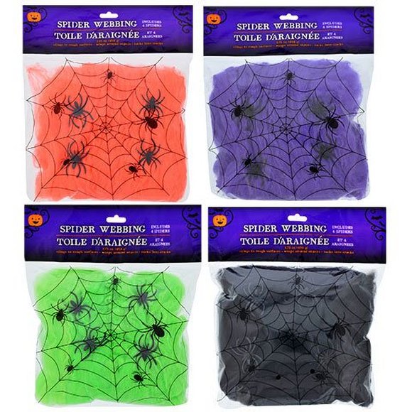 Halloween Toiles d'Araignée Fausses Colorées avec Araignées en Plastique Lot de 4 Couleurs Vives
