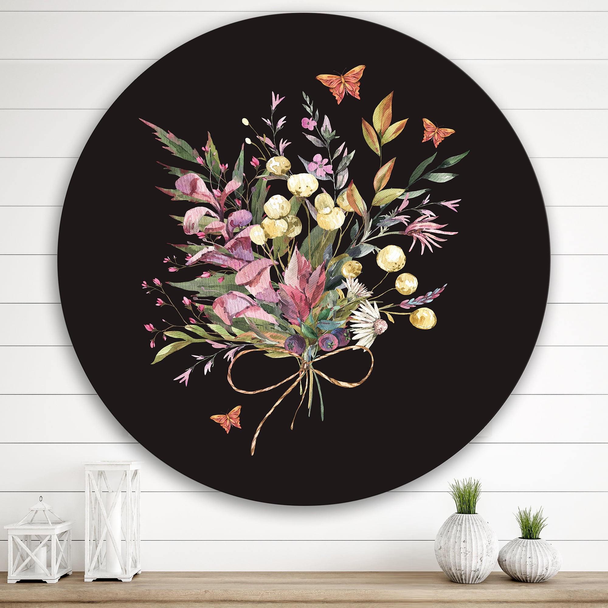 Designart 'Ancient Floral Summer Wildflowers Arrangement' Traditional Circle Metal Wall Art 29x29 - Disc of 29