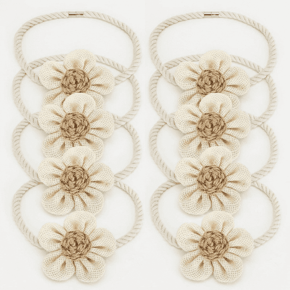 8 Pack White Khaki Floral Magnetic Curtain Tiebacks, Linen Cotton Flower Curtain Holdbacks Farmhouse Window Decor