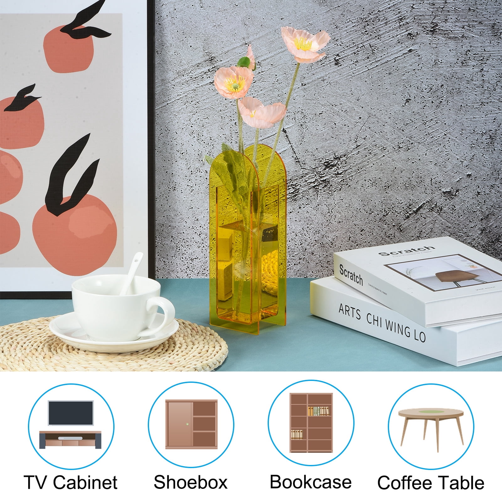 Unique Bargains Arch Acrylic Floral Vase Clear Geometric Plastic Decorative Vase for Home Yellow
