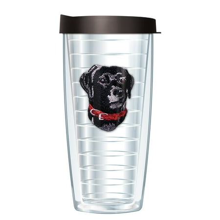 

Signature Tumblers Black Lab Puppy Dog Face Emblem on Clear 16 Ounce Double-Walled Travel Tumbler Mug with Black Easy Sip Lid