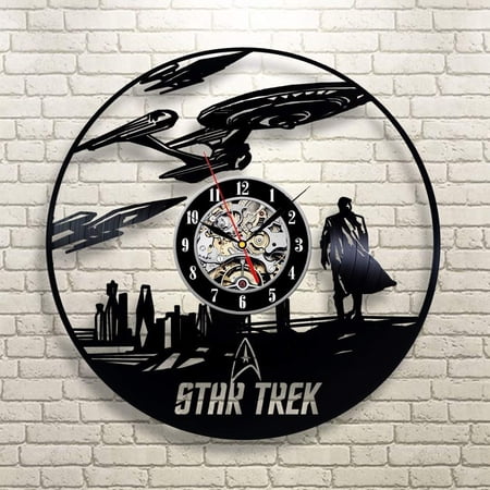 Kovides Handmade Party Decorations Star Science Fiction Wall Clock Minimalist Decor Vintage Vinyl Record Retro Wall Clock Starship Serial Art Birthday Gift Idea for Fan Spock Wall Art A101