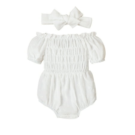 

Rovga Baby Girl Bodysuits Short Sleeve Solid Color Ruffle Lace Romper Bodysuits With Headbands Outfits