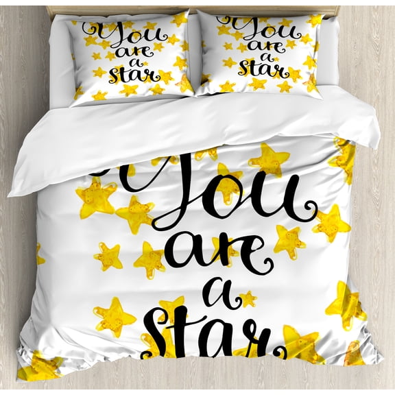 Lifestyle Duvet Cover Set, You are a Star Phrase Words Encouragement Words Design, Decorative 3 Piece Bedding Set with 2 Pillow Shams, Calking Size, Earth Yellow Black, by Ambesonne