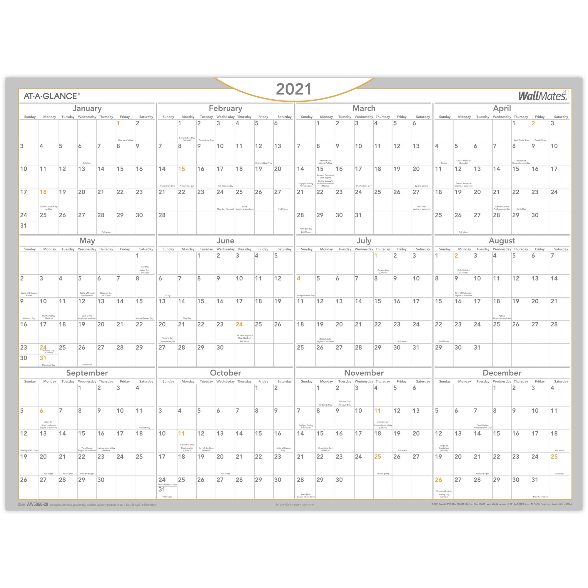 ATAGLANCE WallMates SelfAdhesive DryErase Yearly Calendar, 24" x 18