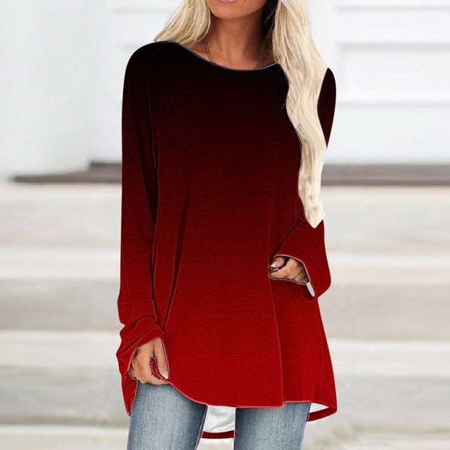 Chemises à Manches Longues pour Femmes à la Mode Femmes Chute Gradient en Vrac Confortable T-shirt Manches Longues Blouse Col Rond Casual Tops
