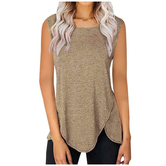 QUINDOS Womens Tops Summer Ribbed Khaki Fashion Casual Solid Vest Round-Neck Loose Sleeveless T-shirt Pullover Tops Womens Tank Tops