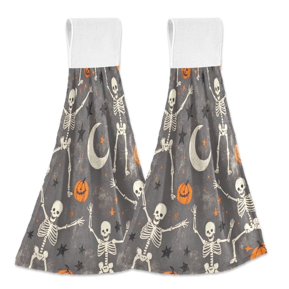 Yayeee Kitchen Hanging Hand Towels Set of 2 with Loop Bathroom Absorbent Tie Towel, Gray Halloween Skeleton