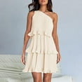 thumbnail image 3 of JBXKXYW Womens Summer Dresses Women's 2024 Summer Sleeveless Mini Dress Boho One Shoulder Ruffle Tiered Layered Chiffon Flowy A Line Sundresses Beach Dress (Beige,M), 3 of 6