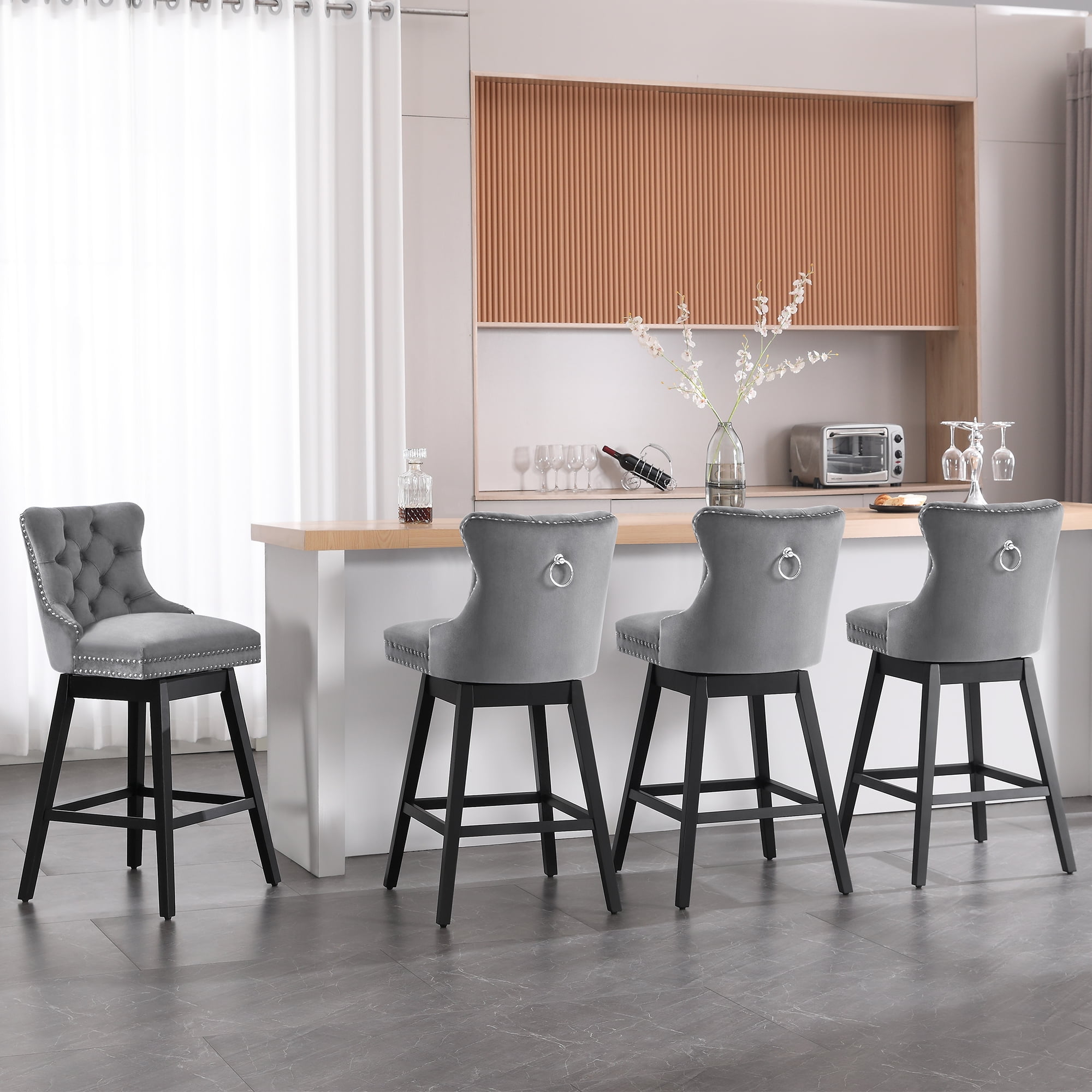 Tewloss 30" Swivel Bar Stools Set of 4 With Back Velvet Bar Height Chairs for Home Kitchen, Gray