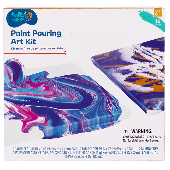 Hello Hobby Paint Pouring Kit, Multi-Color, Makes 2 Fluid Art Projects | Ages 8 , 16 Pieces