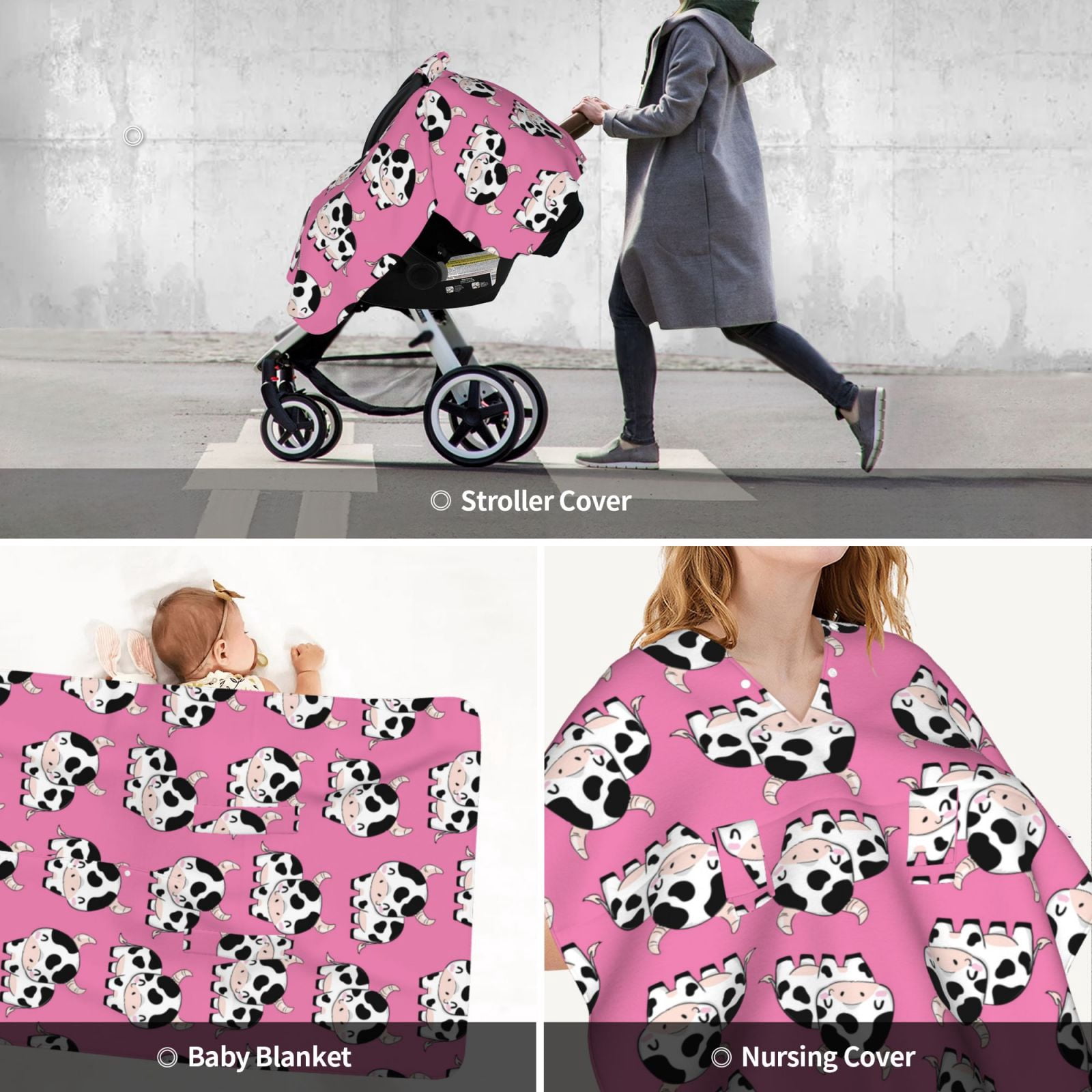 Car Seat Cover Baby - Cute Cow Pink Breathable Infant Car Seat Cover for Baby Carseat, Lightweight Comfort Baby Essentials Must Haves Newborn Stuff for Girl Boy