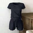 thumbnail image 5 of DYTTDG Women's Silk Short Sleeve Pajama Set | 2-Piece Ruffle Hem Top & Drawstring Shorts with Side Pocket, Solid Color Loungewear for Summer, 5 of 7