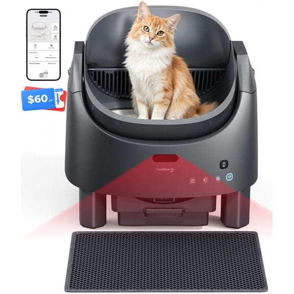 FeelNeedy Self Cleaning Cat Litter Box, Open-Top Smart Automatic Litter Box with App Control, Odor Control, Safety Sensors, Includes Mat and Waste Bags, for Multiple Cats