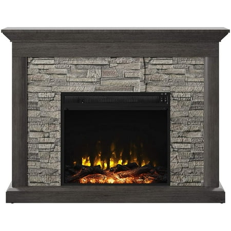 

Rustic Wall Mantel Electric Fireplace with Stacked Stone Look in Weathered Gray