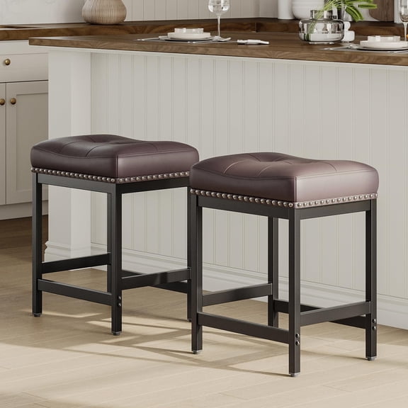 Set Of 2 Counter Height Bar Stools With Tufted Brown PU Leather Seat And Nailhead Trim, Backless Modern Kitchen Island Stools