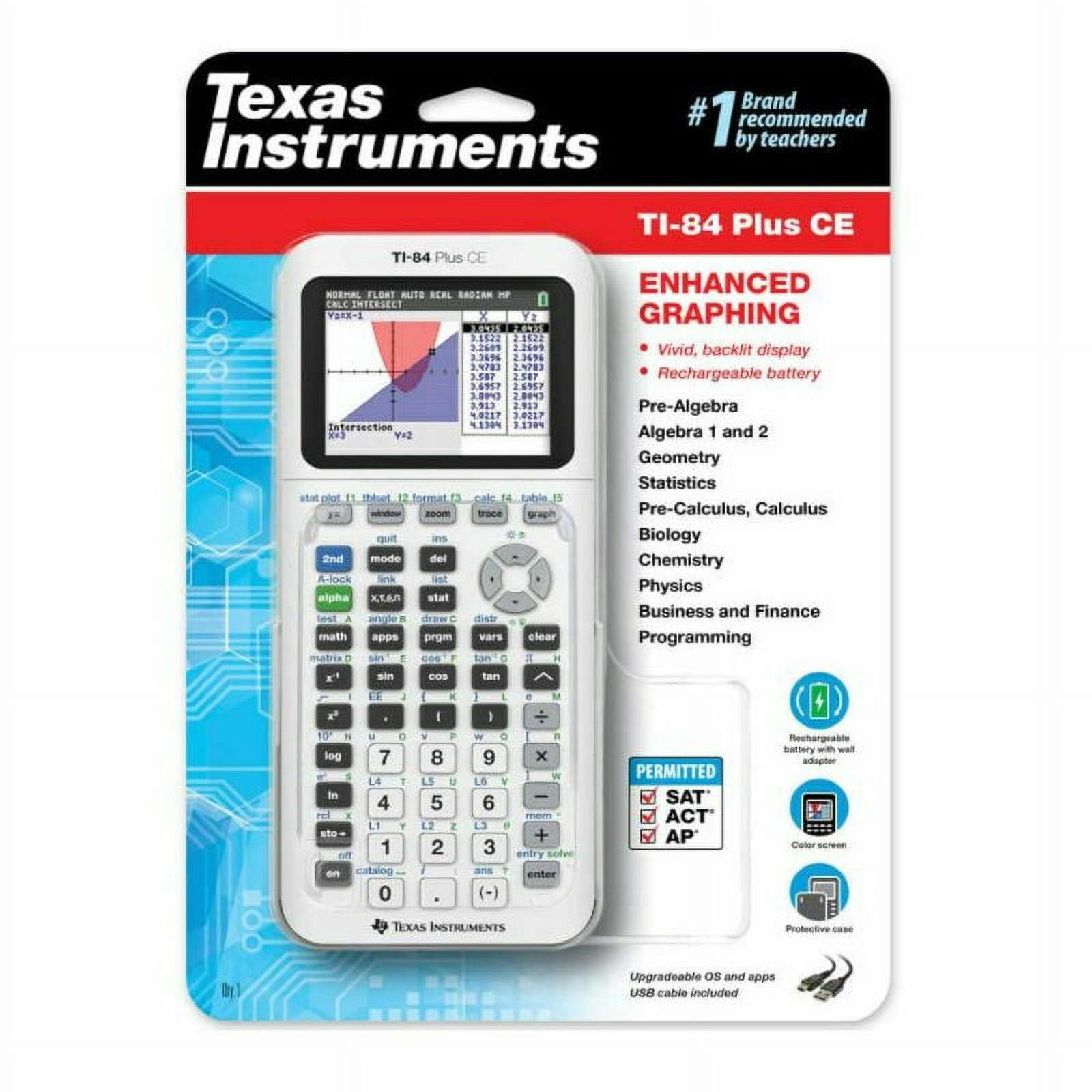 Pre-Owned Texas Instruments TI-84 Plus CE Graphing Calculator, Rechargeable Battery, Bright White, High School and College