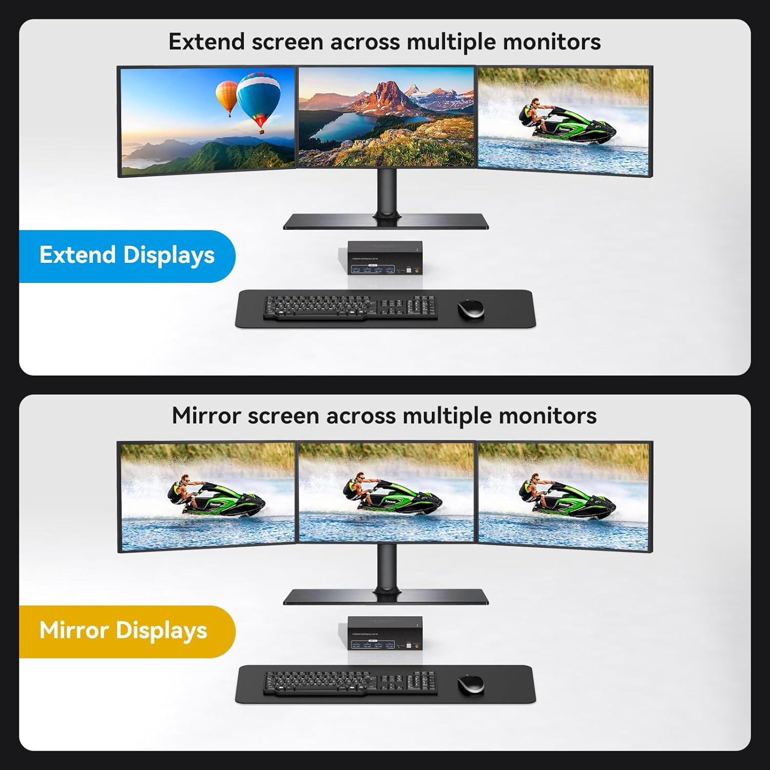 8K@60Hz HDMI+2 Displayport KVM Switch 3 Monitors 2 Computers 4K@120Hz USB 3.0 DP KVM Swtiches Triple Monitor 2 Port for 2 PC Share 1 Set of Keyboard Mouse Printer Hard Disk Etc Support Extended Mode