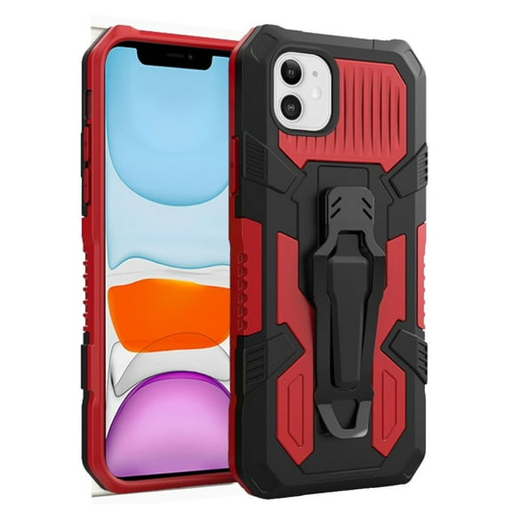 Phone Case for Apple iPhone 13 (6.1") Rugged Heavy Duty Dual Layers Hybrid Shockproof Protective with Metal Clip Holder & Kickstand Cover for iPhone 13 - Red