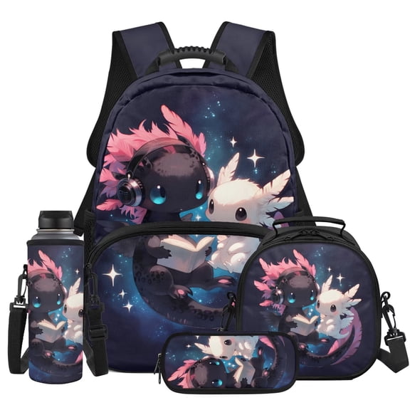 Yspwyqan Kids Backpack Set 4Pcs with Lunch Box Pencil Case, Black and White Baby Axolotl Lightweight Bookbag for Elementary Middle School Back to School