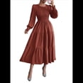 thumbnail image 2 of Vestido de Otoño para Invitada de Boda, con Mangas Largas, Volantes, Cuello Redondo, y Fluido. Marrón M, 2 of 7