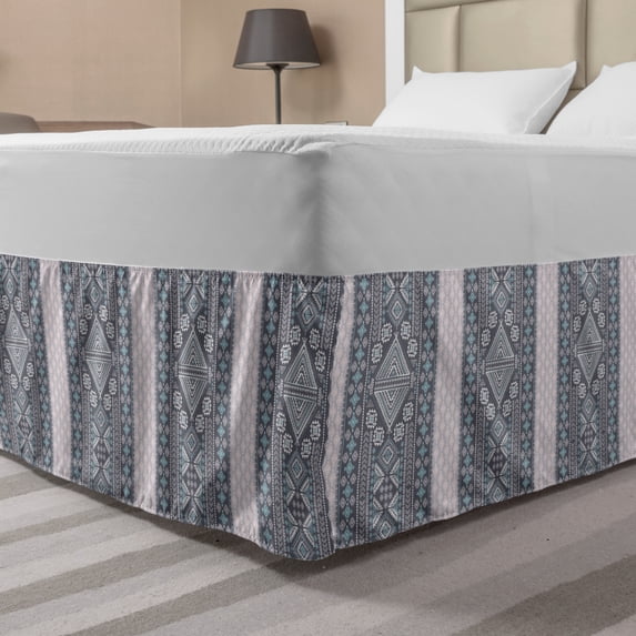 Mexican Print Bed Skirt, Repeating Vertical Layout of Lines Triangles Soft Tones Ethnic Art Motifs, Elastic Bedskirt Dust Ruffle Wrap Around for Bedding Decor, 4 Sizes, Multicolor, by Ambesonne