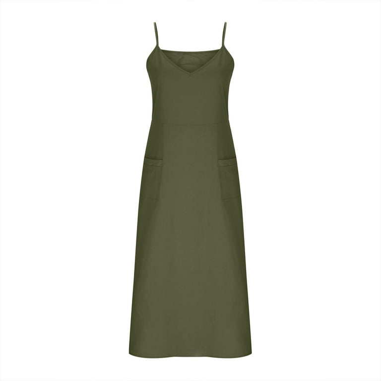 Wyobmus Womens Summer Dresses Spaghetti Strap V Neck Casual Sleeveless  Sundress Cotton Linen Swing Dress Beach Cover Ups with Pockets A-Olive  Green - Walmart.com