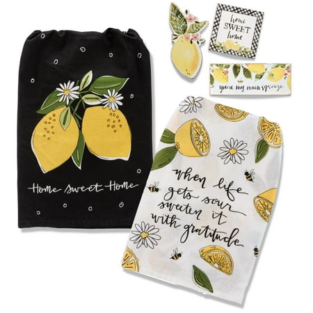 

18th Street Gifts Lemon Kitchen Decor - Set of 2 Lemon Kitchen Towels and Refrigerator Magnets - Lemon Decor Summer Decorations for Home - Lemon Dish Towels - Black and Yellow Kitchen Accessories C43