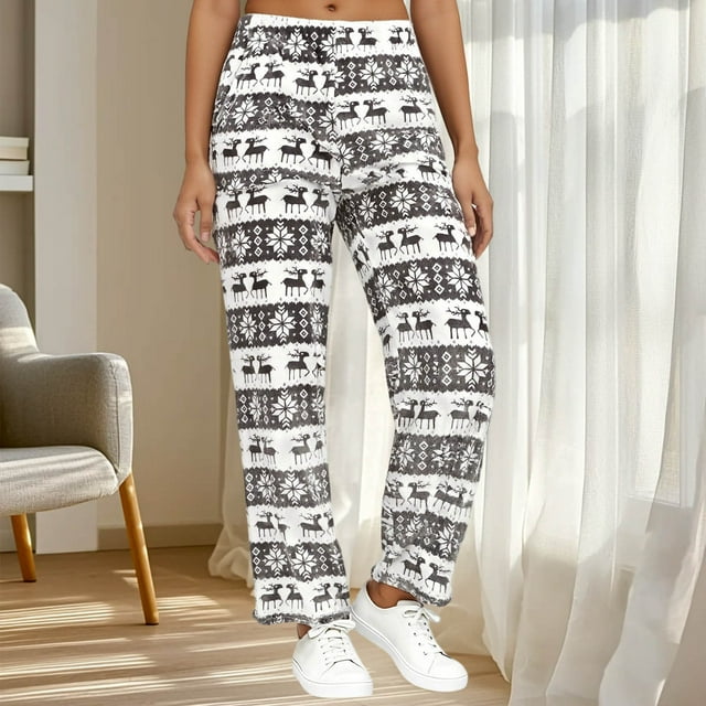 Pantalones de dormir de franela suave con cintura elástica para mujer, con estampado festivo y bolsillos laterales. Pantalones de poliéster para mujer.