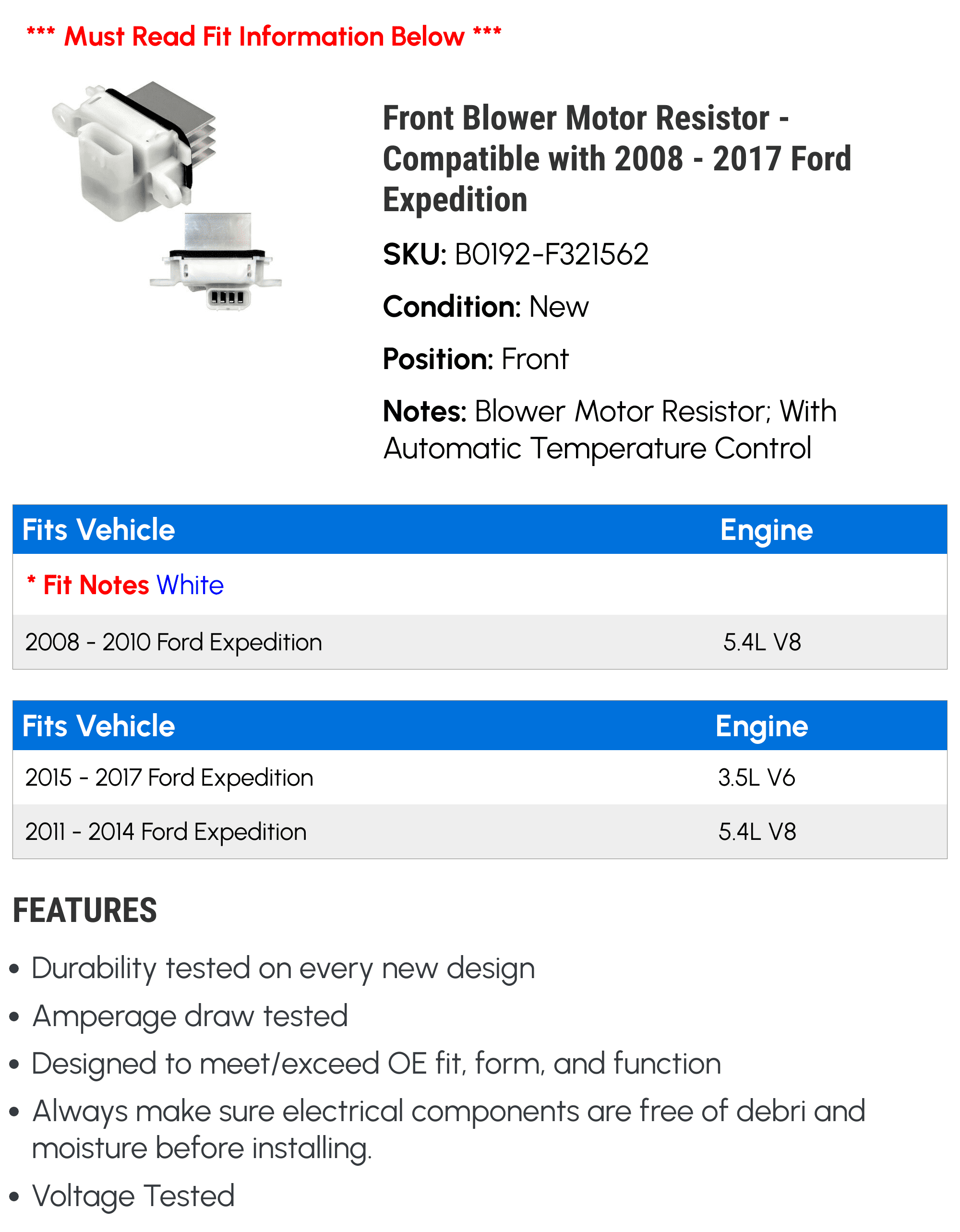 Front Blower Motor Resistor - Compatible with 2008 - 2017 Ford Expedition 2009 2010 2011 2012 2013 2014 2015 2016