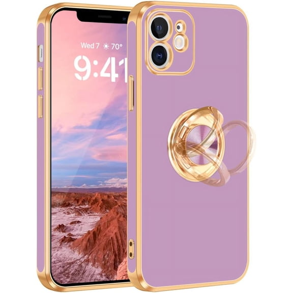 iPhone 12 Case, iPhone 12 Case with  Ring Holder Slim Kickstand Magnetic Support Car Mount for Women Men Non-Slip Soft TPU Protective Phone Case for iPhone 12 6.1 inch, Purple/Gold
