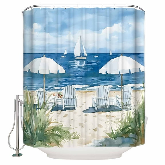 Extra Long Shower Curtain 72x84 Inch, Nautical Sea Wave Blue Shower Curtain Waterproof Bathroom Decor Ocean Coastal Beach Plant Fabric Bath Curtain Set Accessories with Hooks
