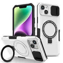 ELEHOLD Rugged Case for iPhone 15 Plus with Sliding Camera Lens Cover Rotation Ring Holder Stand Function Compatible with MagSafe Shockproof Cover for iPhone 15 Plus - White