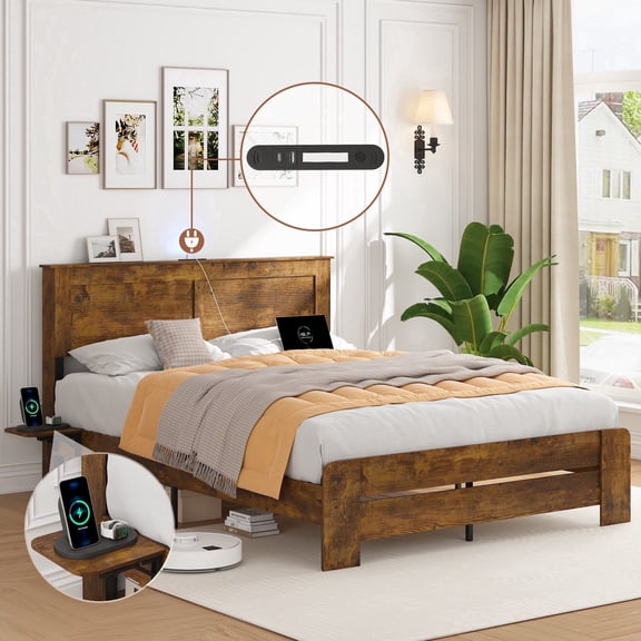 Wood Queen Bed Frame with Headboard for Bedroom, Holaki Rustic Farmhouse Platform Bed with USB Port & 2 Foldable Side Storage Racks, 12 Wood Slats Support, No Box Spring Needed, Easy Assembly