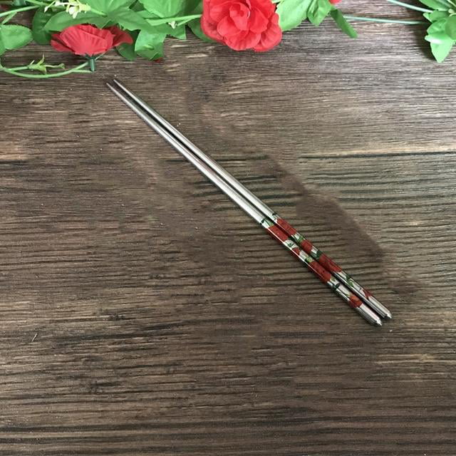 1Pair Chopsticks Length White Flower Pattern Kitchen Stainless Steel Chopsticks 