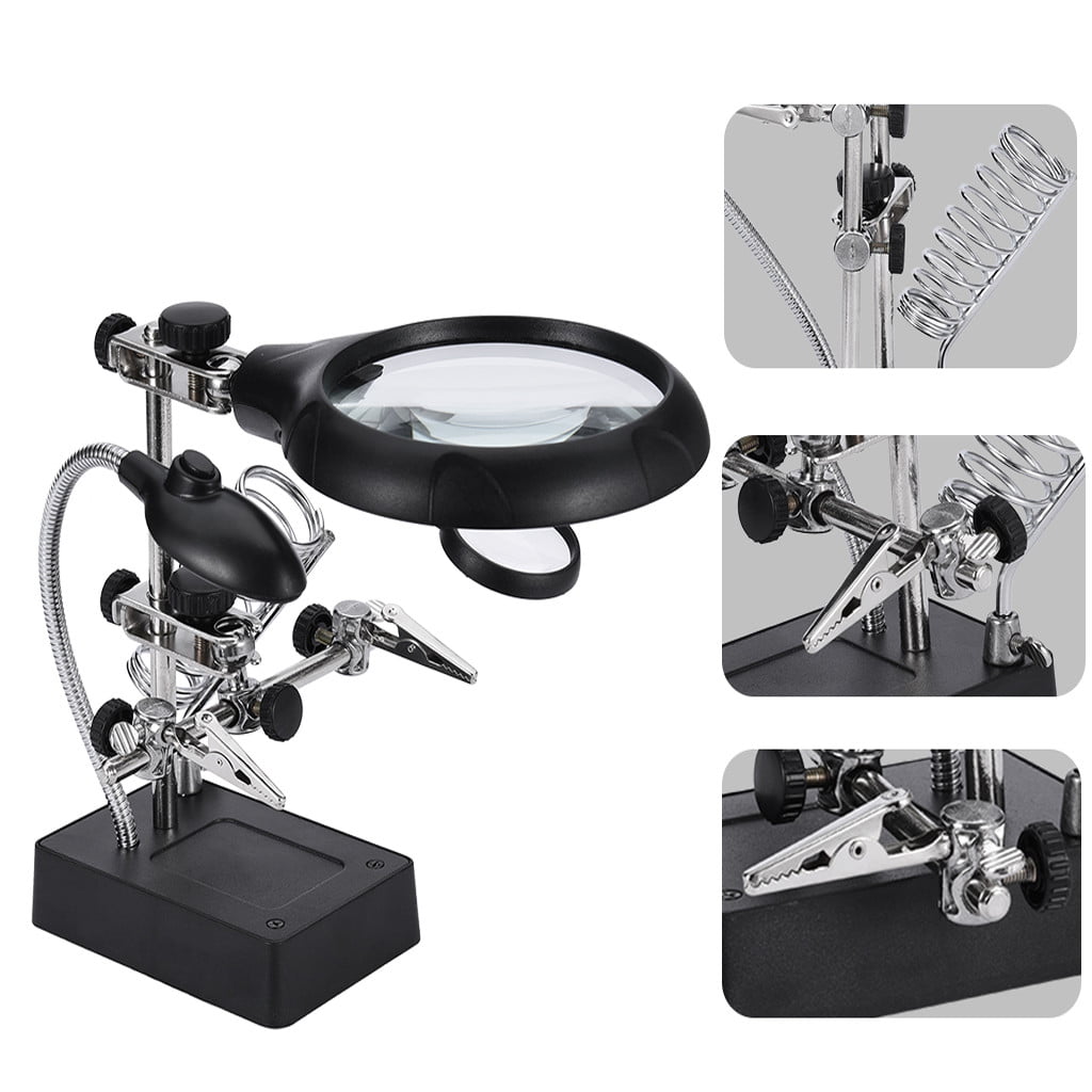 Helping Hand Soldering Stand With Magnifier Magnifying Glass 3 Lens 5 LED Light