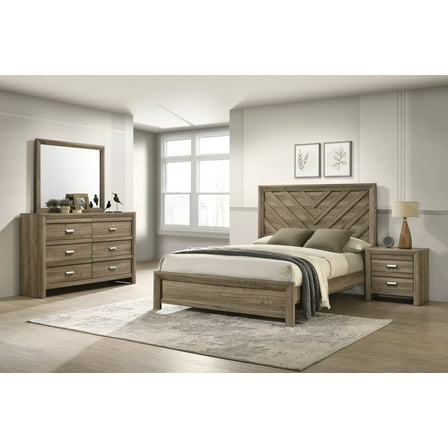 Chevron-patterned Light Brown Finish Bedroom Furniture Queen Size Bed 4pc Set
