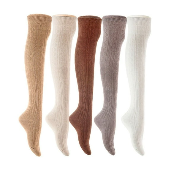 Lian LifeStyle Women's 5 Pair Adorable Comfortable Soft Thigh High Over Knee High Cotton Socks Size 6-9 L1024 Beige,Cream,Coffee,Dark Grey,White