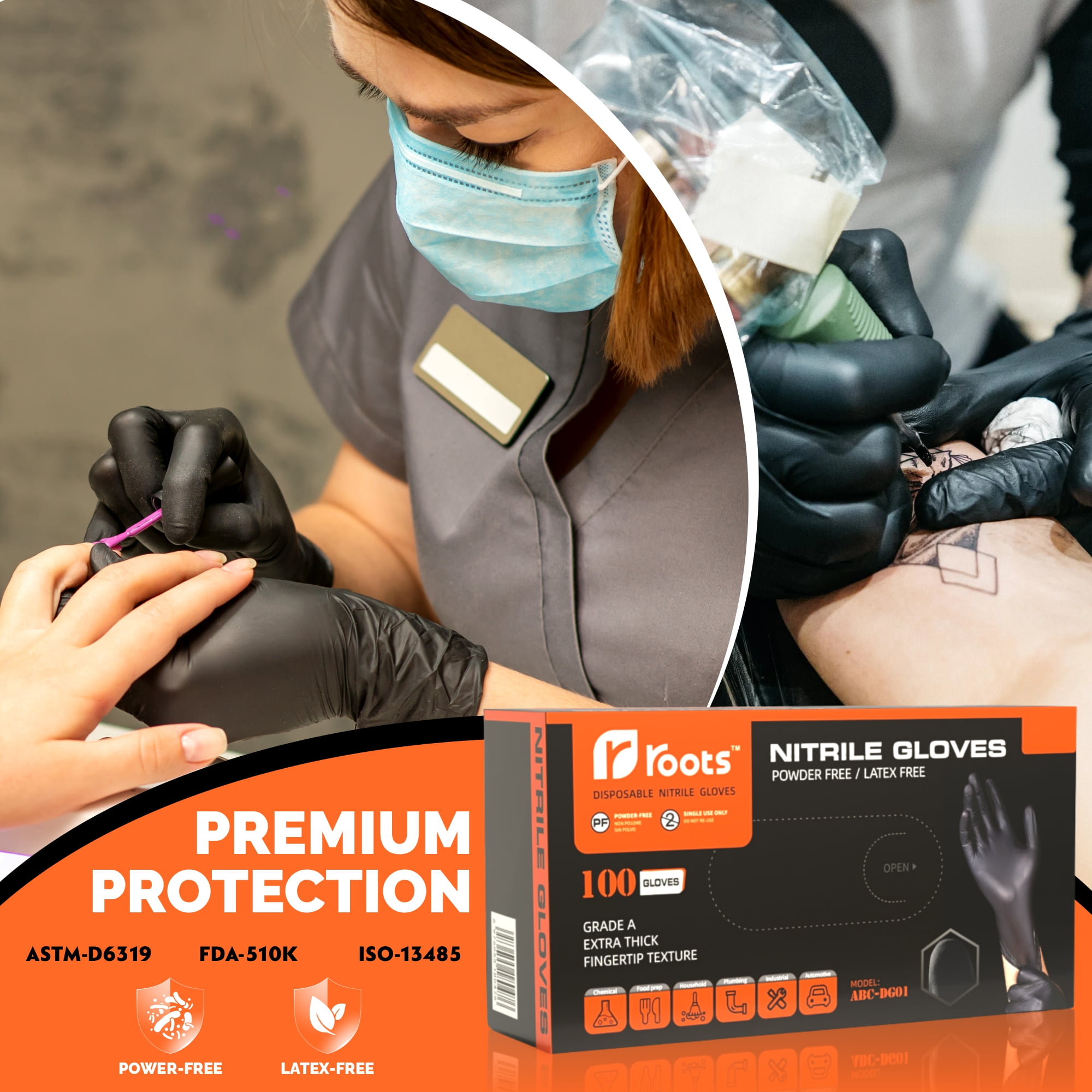 Roots Latex-Free Nitrile Disposable Gloves Box Set, Black, 100 Count
