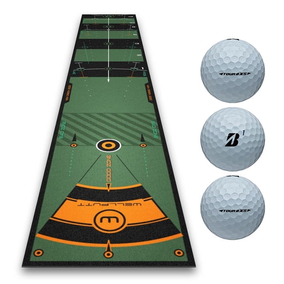 Wellputt Putting Training Mat (10 ft, Green) Bundle with 3-Pack Bridgestone Tour B XS (White) | 2020 Edition | Putting Training Mat