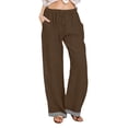 thumbnail image 3 of TaTaai Women All Season Striped Patchwork Wide Leg Pants Cotton Linen Casual Elastic Waist Loose Straight Trousers with Pockets Comfortable Daily Work Wear Gift, 3 of 9