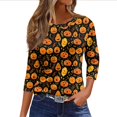 thumbnail image 2 of Halloween Shirts for Women 3/4 Sleeve Casual Tunic Tops Funny Bat,Ghost,Pumpkin Printed Costume Holiday Blouses Yellow 2XL, 2 of 5