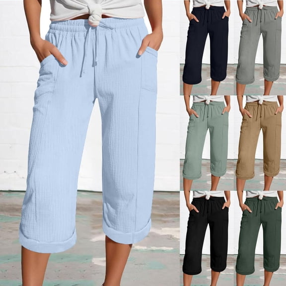 Axiiglly Capri Pants for Women, Drawstring High Waist Workout Capris with Pockets, Lightweight Solid Color Outdoor Capri Pants, S-2XL