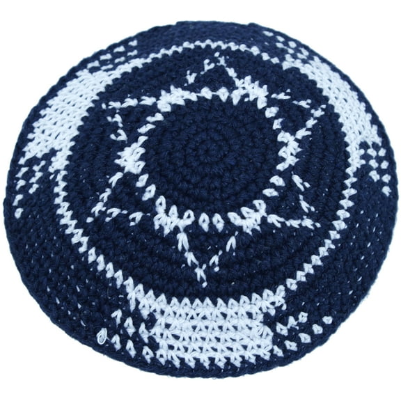 Holy Land Market Dark Blue/White with Star of David17cm DMC 100% Knitted Cotton Kippah Jewish